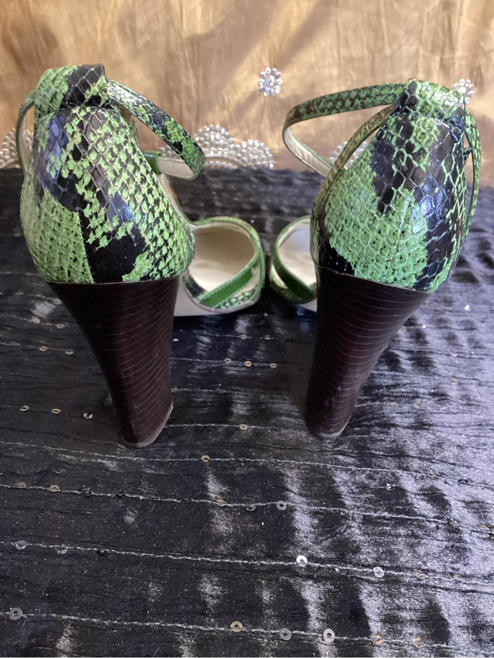 Vintage Franco Sarto Green Snake-Print T-Strap Heels 8M - Picture 11 of 14